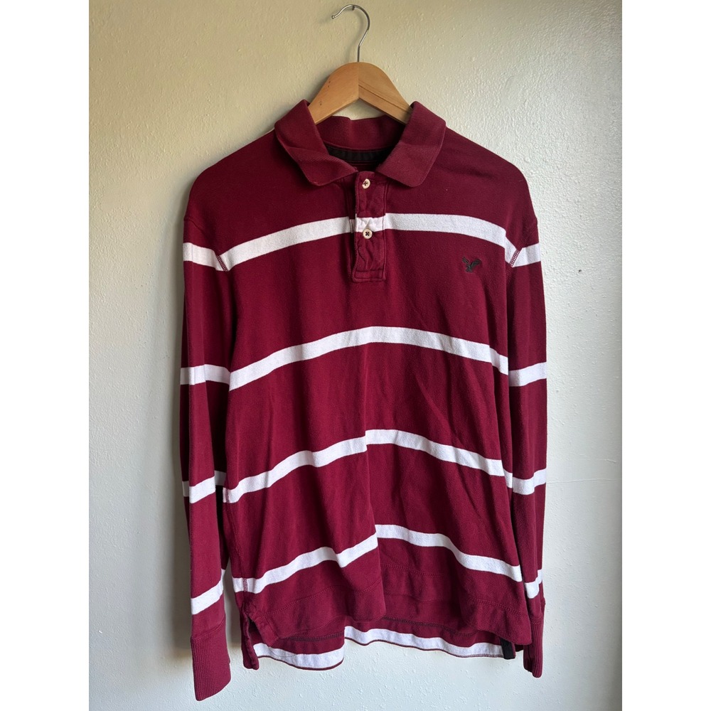American Eagle Men Large Burgundy White Striped Long Sleeve Rugby Polo Shirt Y2K